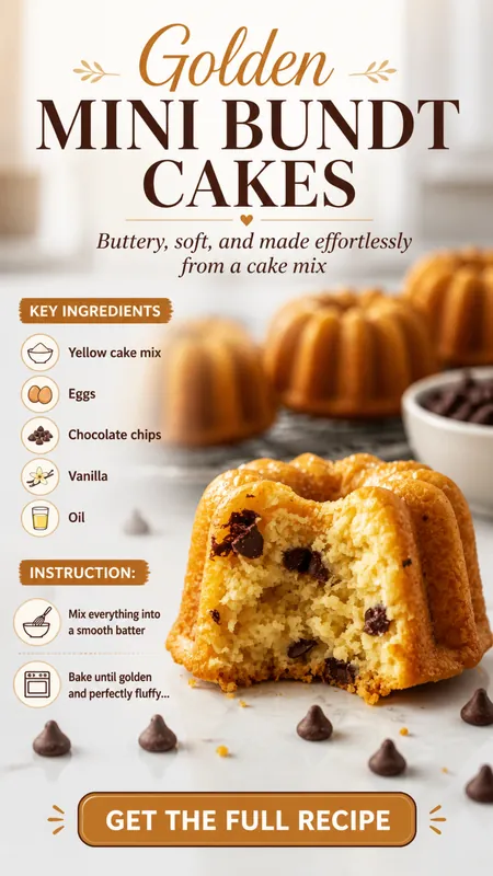 golden mini bundt cakes with chocolate chips, soft texture and baked from cake mix