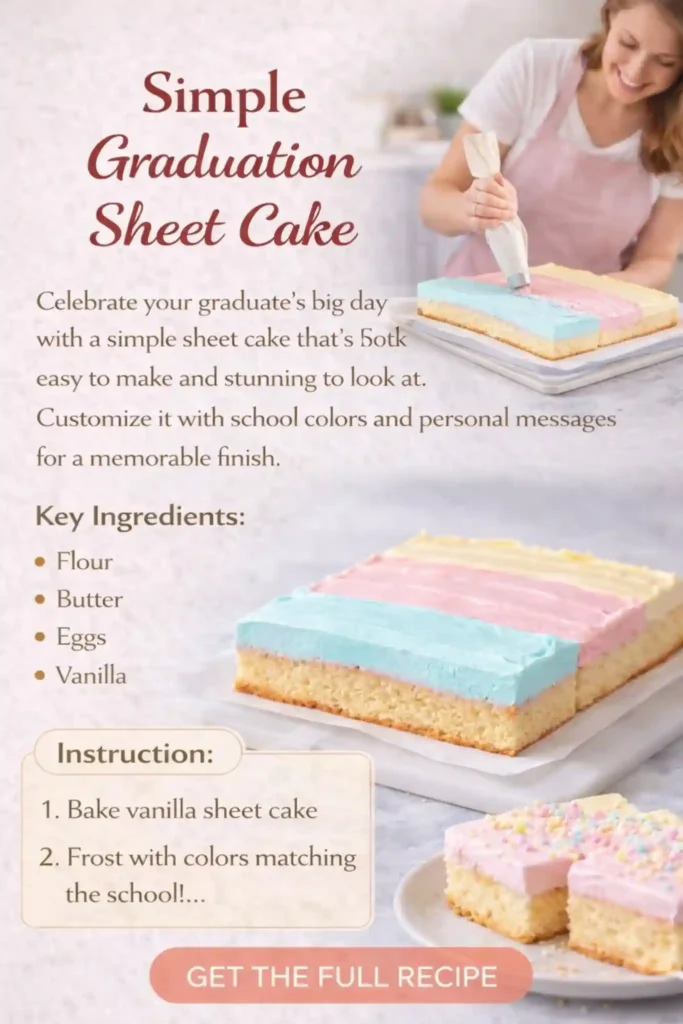 Simple Graduation Sheet Cake with Pastel Frosting pastel frosted graduation sheet cake with blue pink and yellow icing being decorated with piping bag