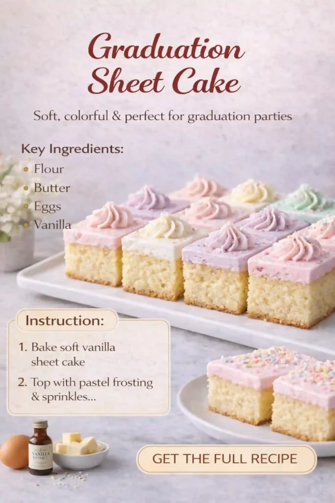 graduation sheet cake with pastel frosting sprinkles and soft vanilla cake squares