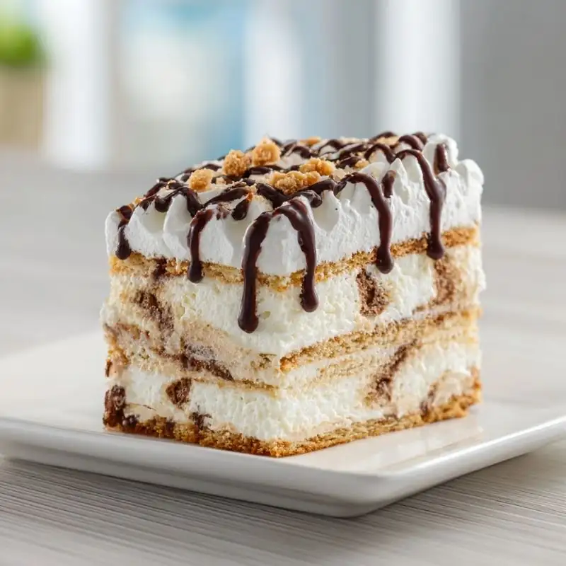 Creamy Vanilla Chocolate Ice Cream Layer Cake with Drizzle vanilla and chocolate ice cream layer cake topped with whipped cream and chocolate drizzle