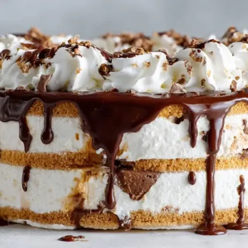 ice cream layer cake with whipped cream layers graham base and chocolate drizzle