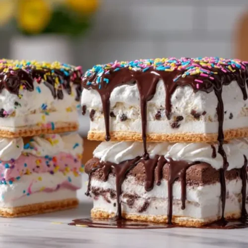 ice cream sandwich cake stacks with chocolate drizzle and colorful sprinkles