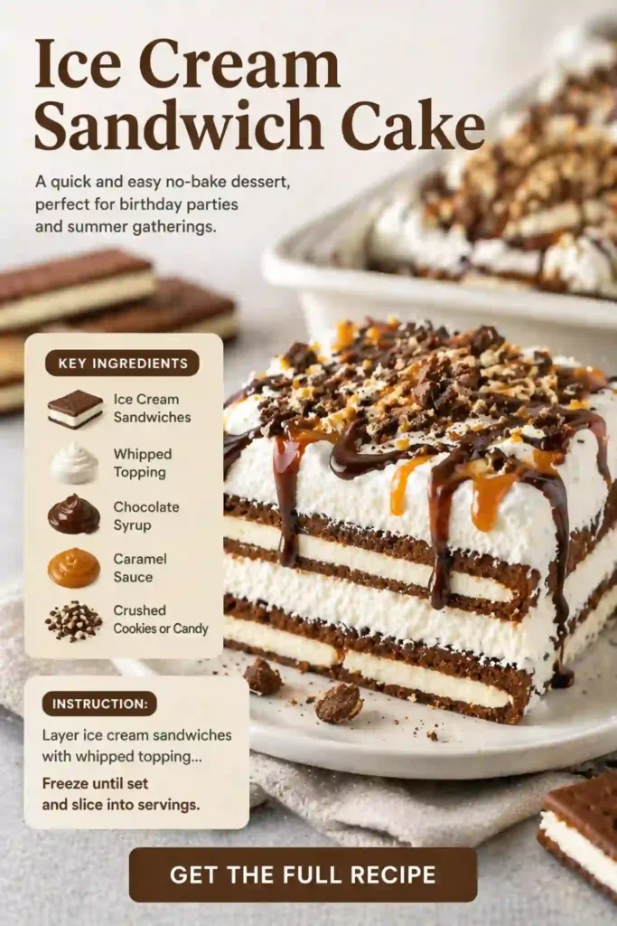 Ice Cream Sandwich Cake – Easy No-Bake Birthday Dessert ice cream sandwich cake layered with whipped topping chocolate syrup and caramel drizzle