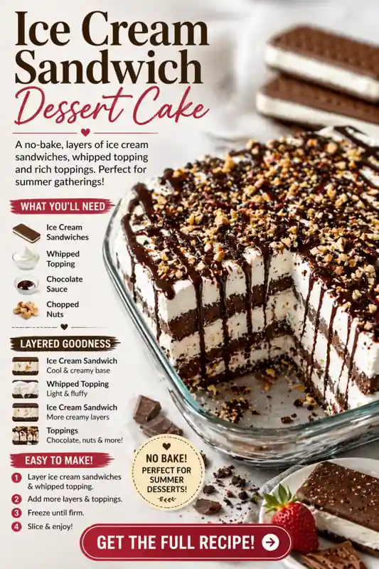 Ice Cream Sandwich Cake – Easy No-Bake Dessert ice cream sandwich cake layered dessert with chocolate sauce whipped topping and nuts