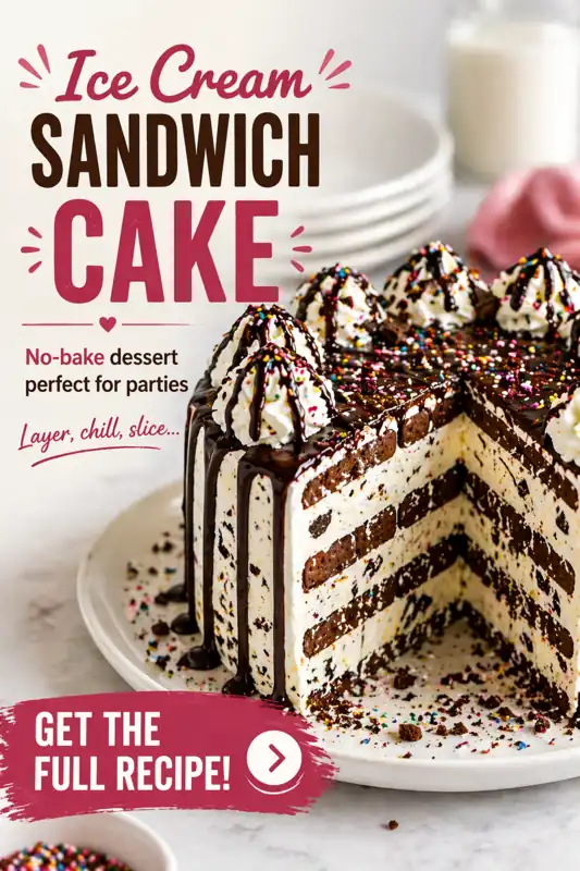 ice cream sandwich cake layered with whipped cream chocolate drizzle and colorful sprinkles
