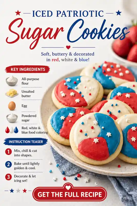 iced patriotic sugar cookies with red white blue frosting and sprinkles on plate