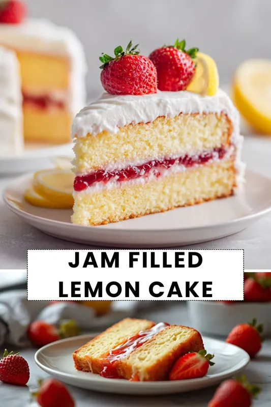 Jam Filled Lemon Cake – Sweet & Citrus Layer Cake jam filled lemon cake slice with strawberry topping and creamy frosting layers