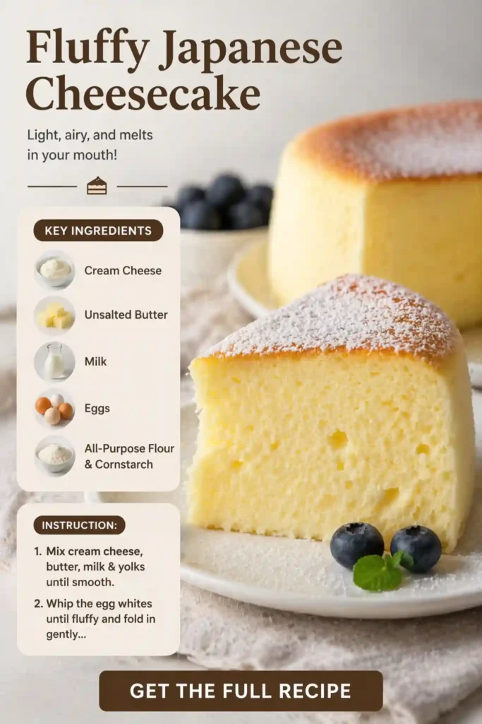 fluffy japanese cheesecake slice with airy texture dusted with powdered sugar and fresh blueberries