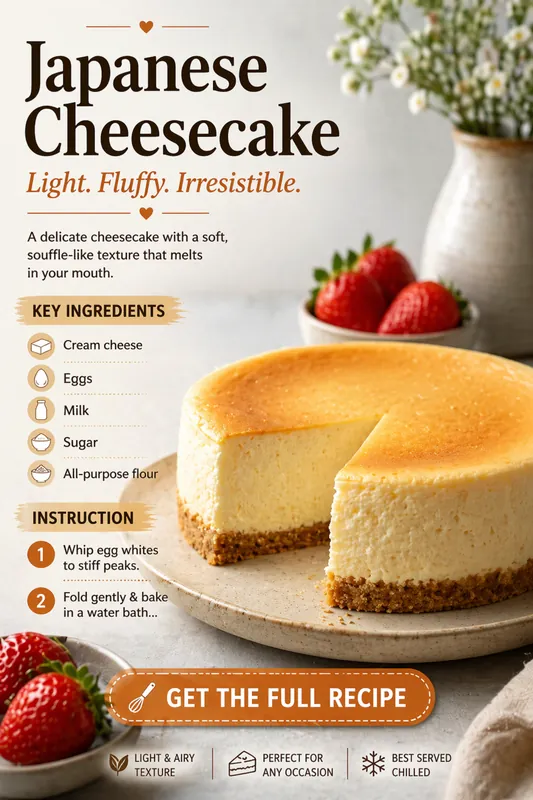 Japanese Cheesecake – Light, Fluffy & Irresistible Dessert japanese cheesecake light fluffy texture slice with strawberries and creamy soft interior