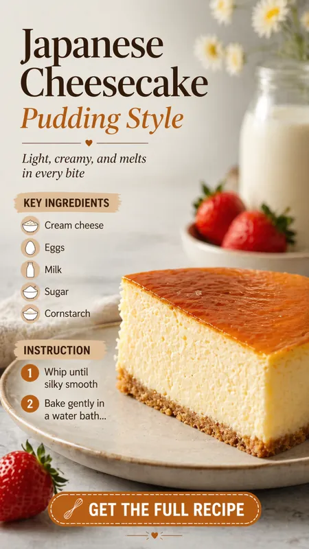 japanese cheesecake pudding style slice with creamy texture and golden top on plate with strawberries