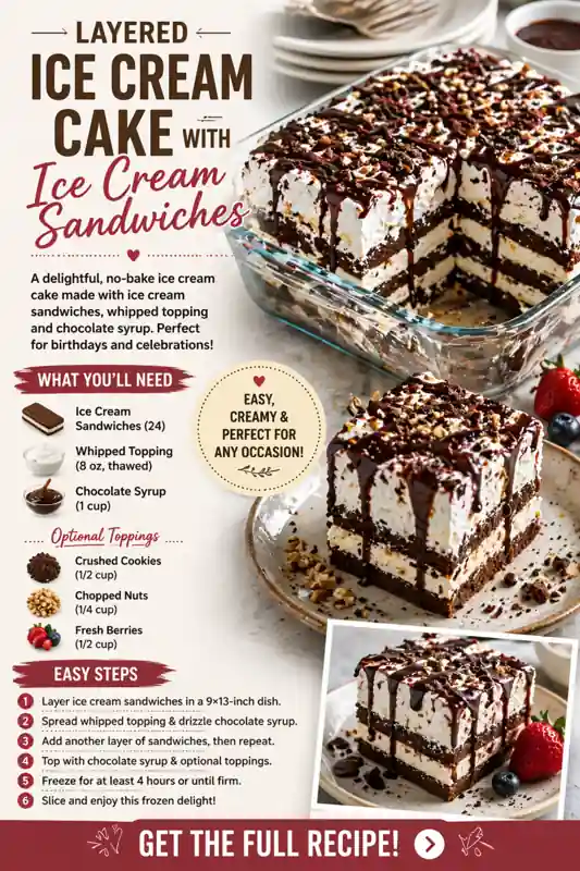 Layered Ice Cream Cake – Easy No-Bake Dessert layered ice cream cake with ice cream sandwiches whipped topping and chocolate drizzle