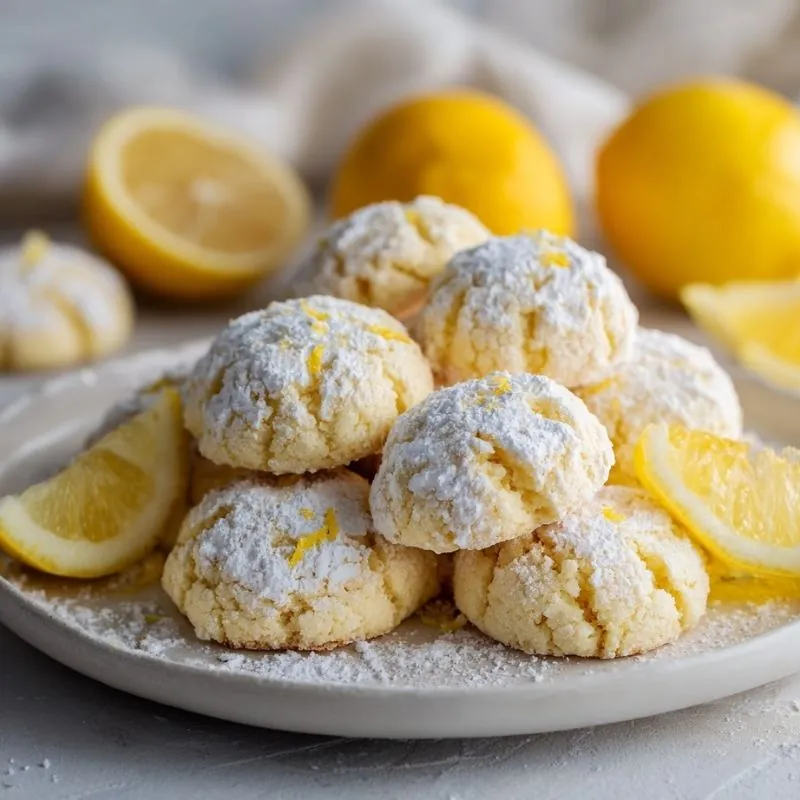 Lemon Crinkle Cookies – Soft, Chewy & Zesty lemon crinkle cookies with powdered sugar coating and fresh lemon slices on plate