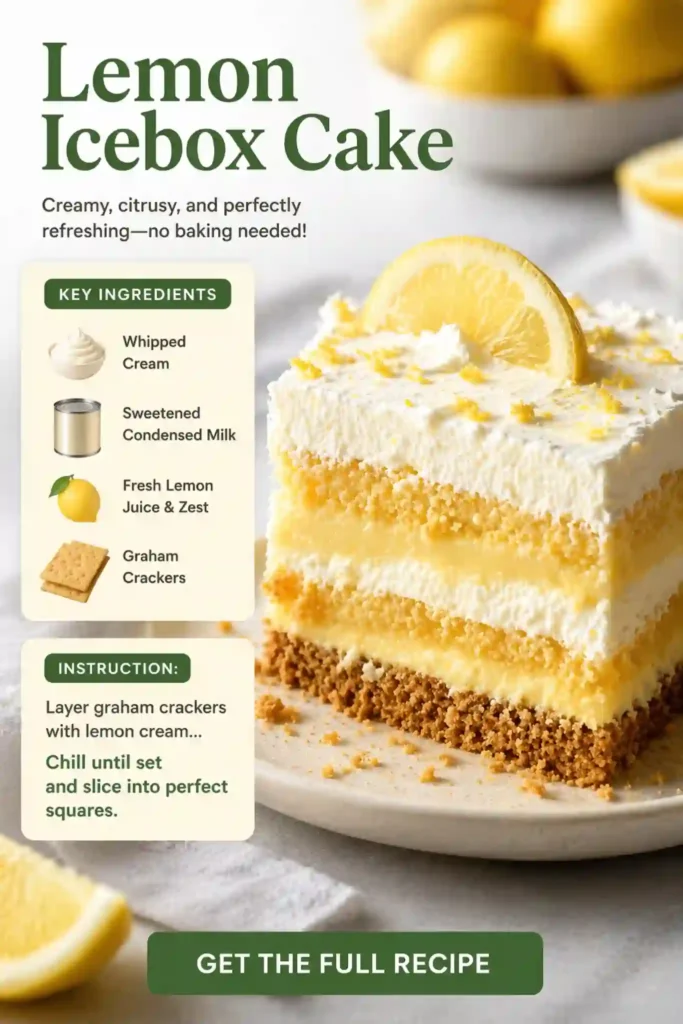 Easy Lemon Icebox Cake – No-Bake Creamy Citrus Dessert lemon icebox cake slice with creamy layers and graham cracker crust topped with lemon wedge