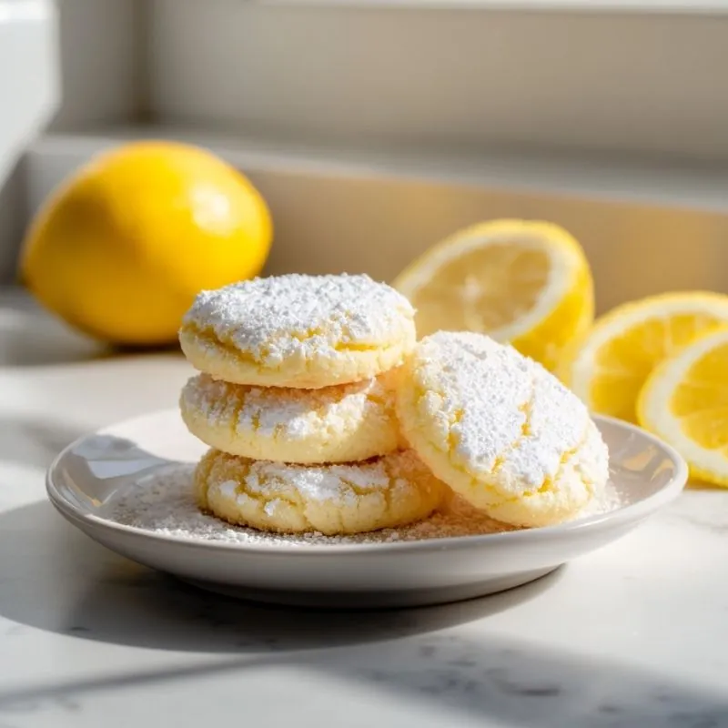 Lemon Powdered Sugar Cookies – Soft & Zesty Treat lemon powdered sugar cookies stacked on plate with fresh lemon slices in background