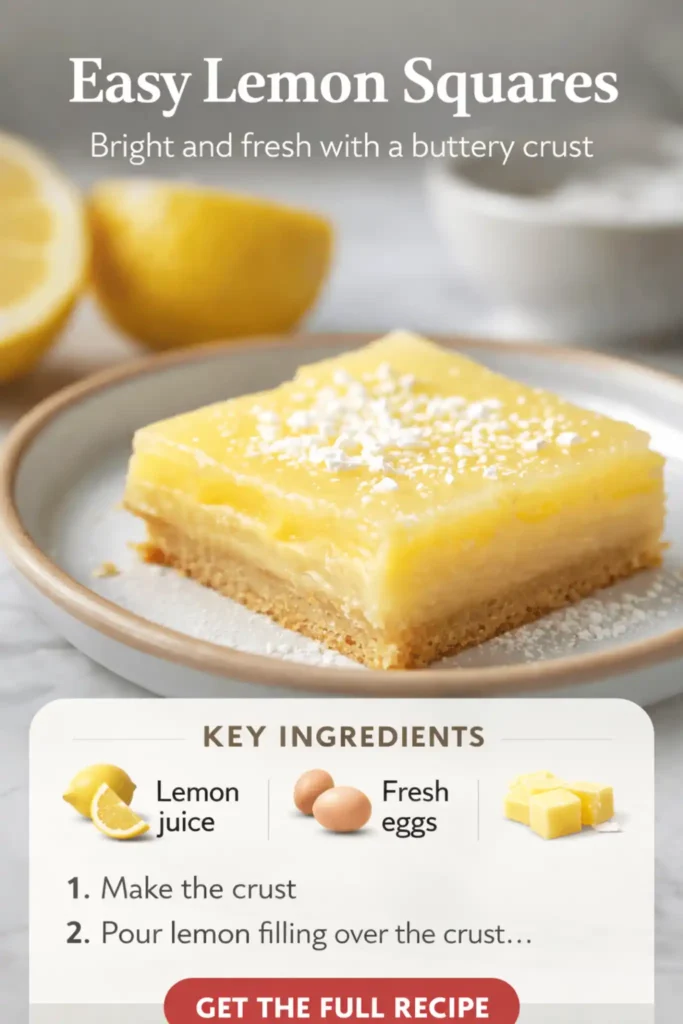 easy lemon squares with buttery crust topped with powdered sugar on plate with fresh lemon in background