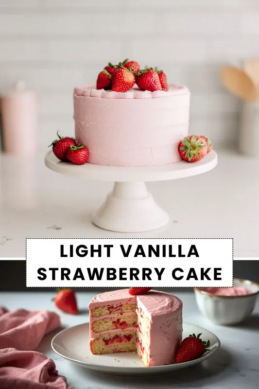 Light vanilla strawberry cake with pink frosting and fresh strawberries on top, served on a cake stand