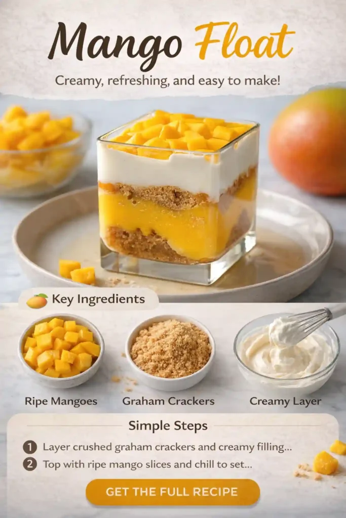 Layered mango float dessert with ripe mango cubes, cream filling, and graham cracker crumbs in a glass