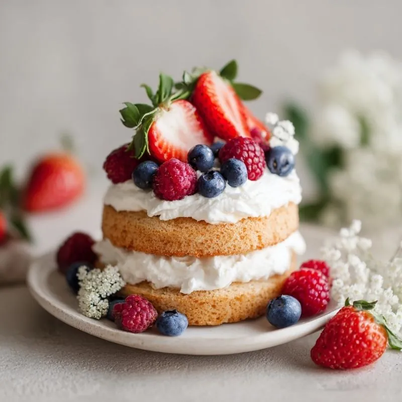 mini berry shortcake with whipped cream strawberries blueberries and raspberries on a plate