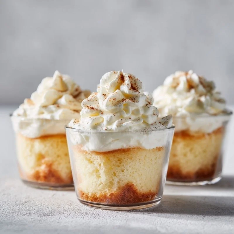 Mini Cake Cups with Whipped Cream – Easy Individual Dessert mini cake cups with whipped cream topping and cinnamon sprinkle in glass dessert cups