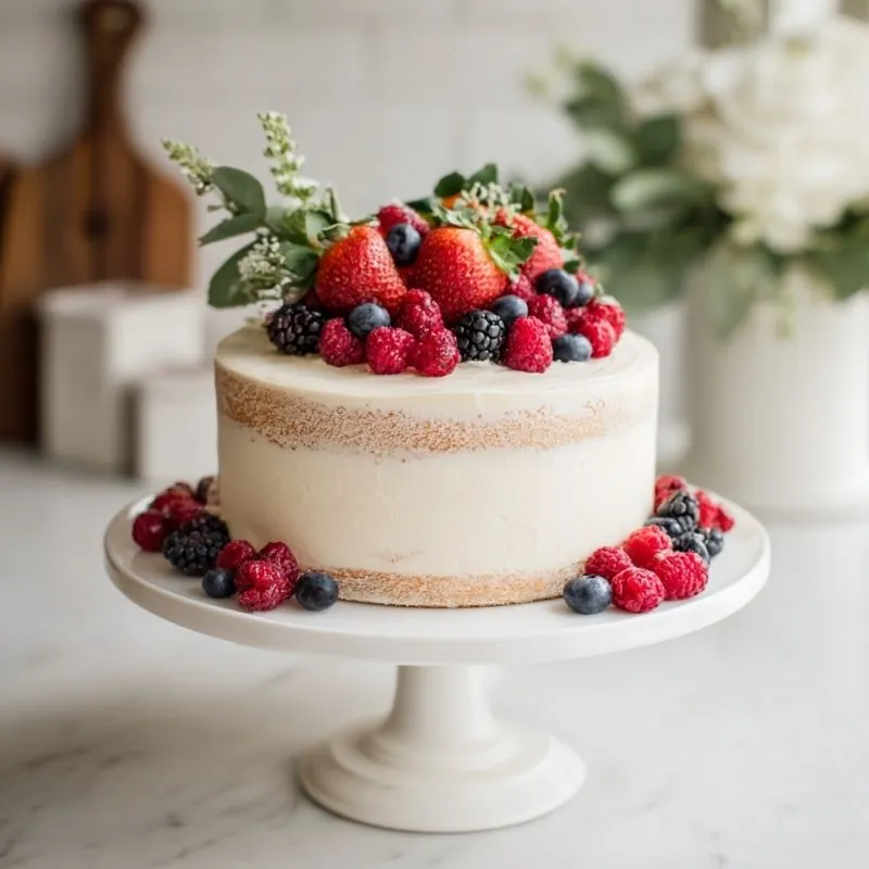 Mixed berry cake with fresh strawberries, blueberries, and raspberries on a white cake stand with cream frosting