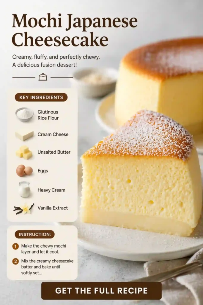 Mochi Japanese Cheesecake – Chewy & Fluffy Fusion Dessert mochi japanese cheesecake slice with creamy fluffy texture and chewy base dusted with powdered sugar