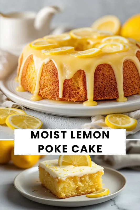Moist lemon poke cake with creamy glaze and fresh lemon slices on top, served on a plate