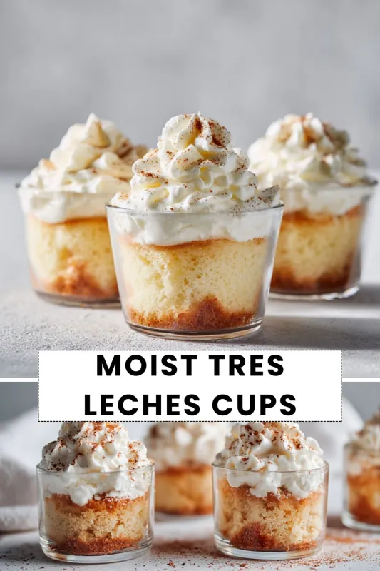 Moist Tres Leches Cups – Easy Individual Milk Cake Dessert moist tres leches cake cups with whipped cream topping and cinnamon in glass jars