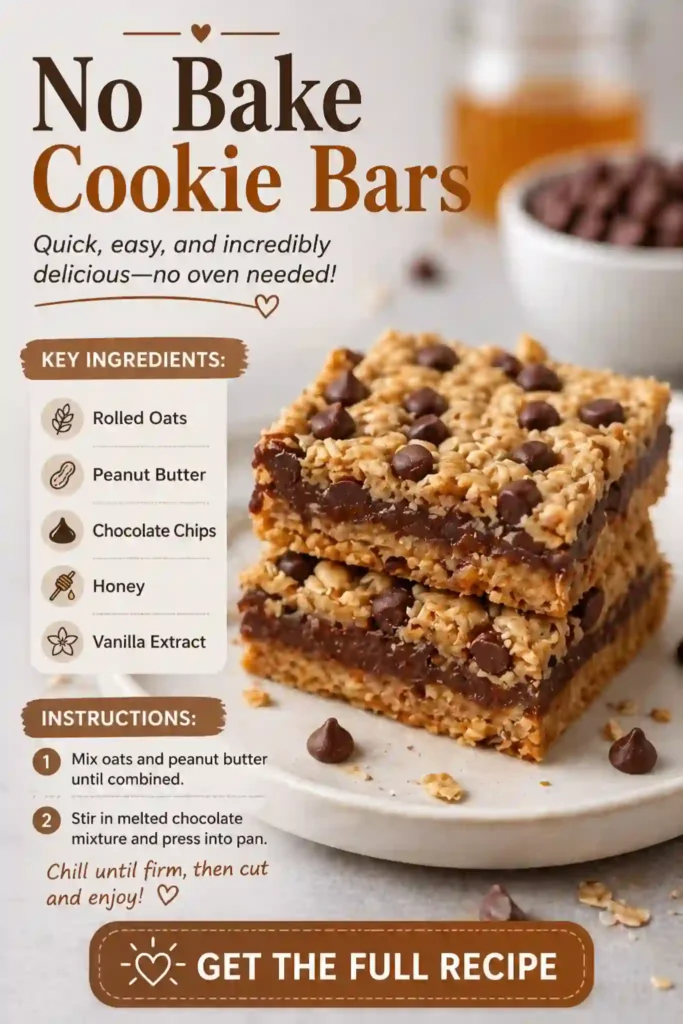 no bake cookie bars with oats peanut butter chocolate chips and layered texture on plate