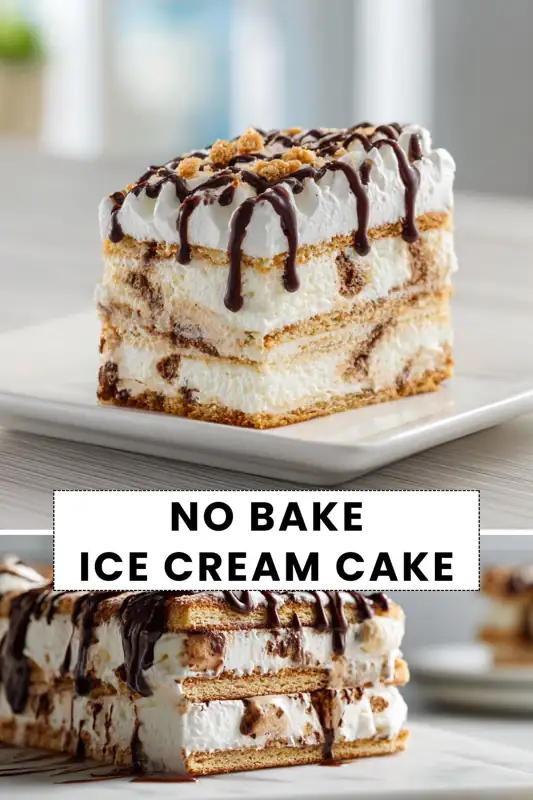 Easy No Bake Ice Cream Cake with Chocolate Drizzle no bake ice cream cake with layered cookies whipped cream and chocolate drizzle text overlay