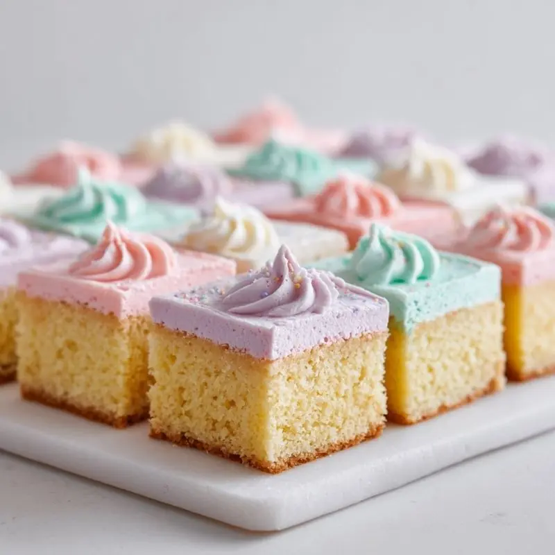 pastel frosted mini cake squares with soft vanilla base and colorful buttercream swirls