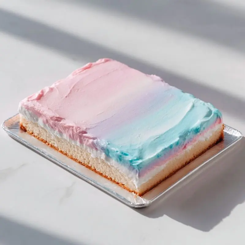 Pastel Ombre Sheet Cake with Smooth Buttercream Finish pastel ombre frosted sheet cake with smooth pink and blue buttercream on soft vanilla base