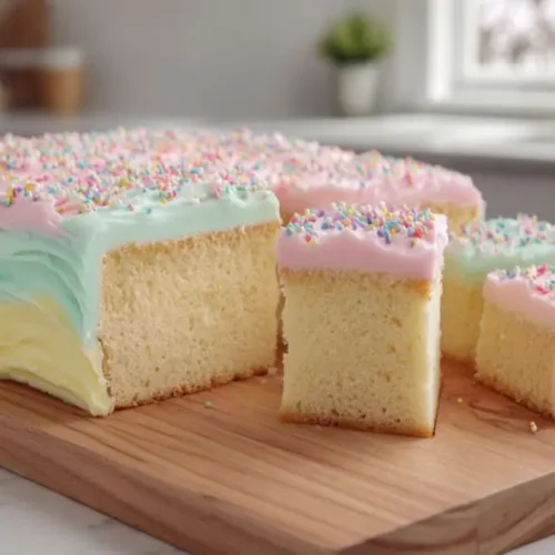 pastel frosted vanilla sheet cake with pink blue yellow buttercream and colorful sprinkles cut into slices