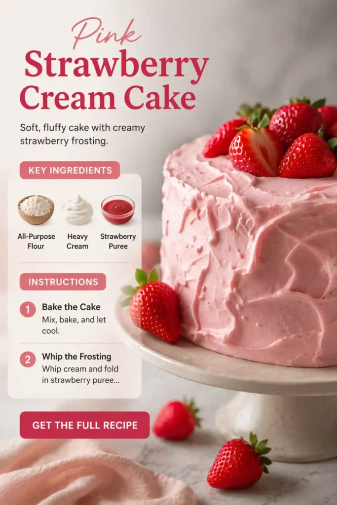 pink strawberry cream cake with smooth frosting and fresh strawberries on top