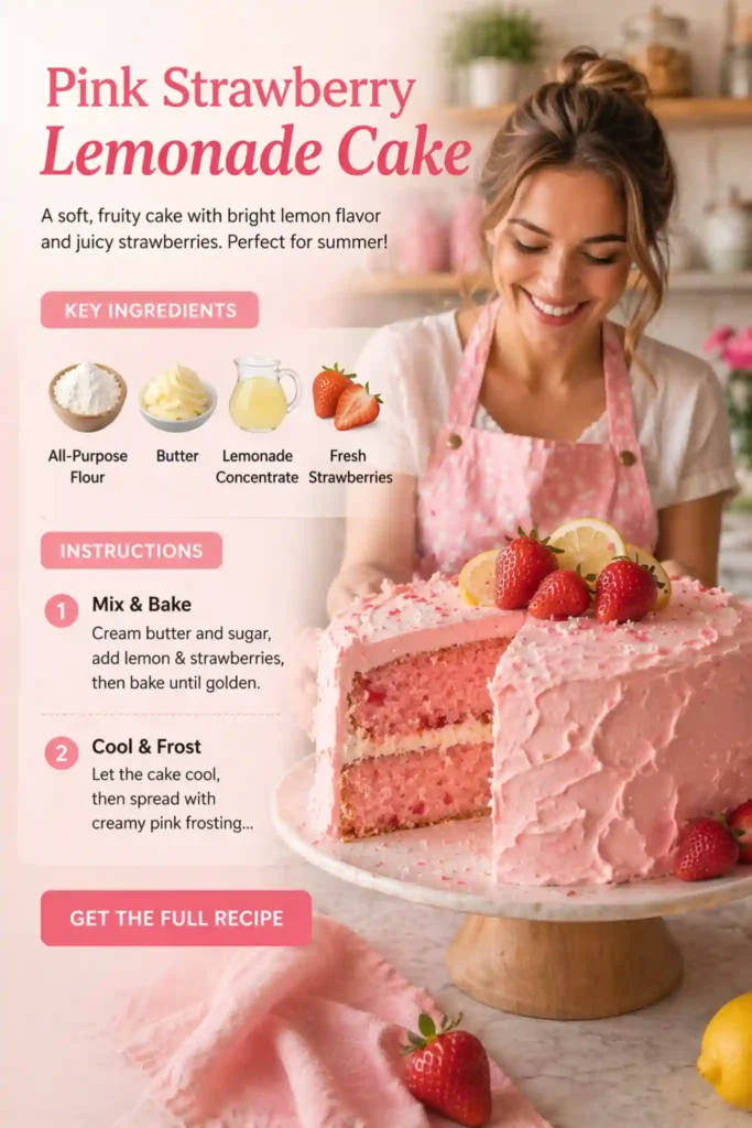 Pink Strawberry Lemonade Cake – Fresh Summer Dessert with Citrus Flavor pink strawberry lemonade cake with creamy frosting fresh strawberries and lemon slices on top