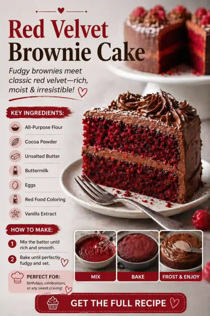 Red Velvet Brownie Cake – Rich, Fudgy & Frosted Dessert red velvet brownie cake slice with chocolate frosting layers and rich moist texture on plate