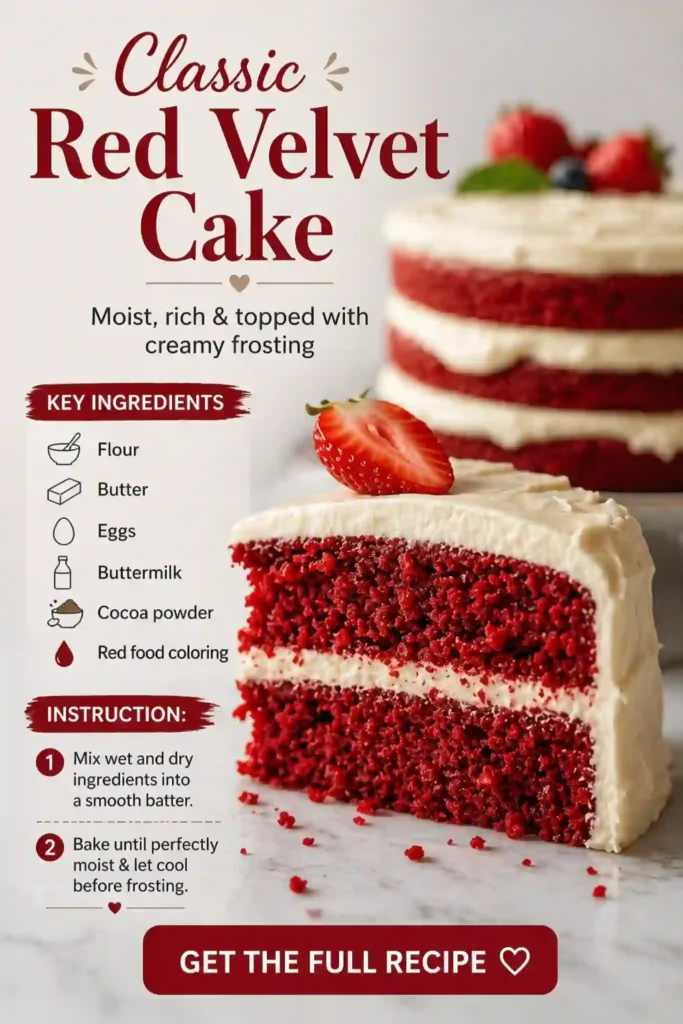 classic red velvet cake slice with creamy frosting layers and moist red crumb