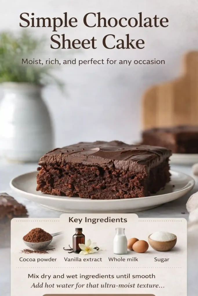 Simple Chocolate Sheet Cake Moist and Rich moist simple chocolate sheet cake slice with rich frosting on plate and baking ingredients