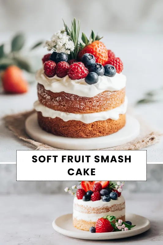 soft fruit smash cake with whipped cream frosting and fresh strawberries blueberries and raspberries