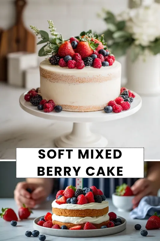 Soft mixed berry cake topped with strawberries, blueberries, and raspberries on a white cake stand