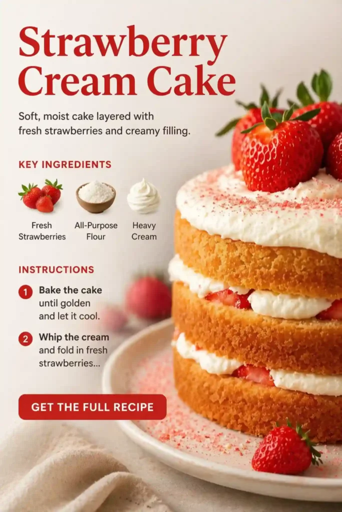 Strawberry Cream Cake – Soft Layered Cake with Fresh Strawberries strawberry cream cake with fresh strawberries and whipped cream layers on a soft sponge cake
