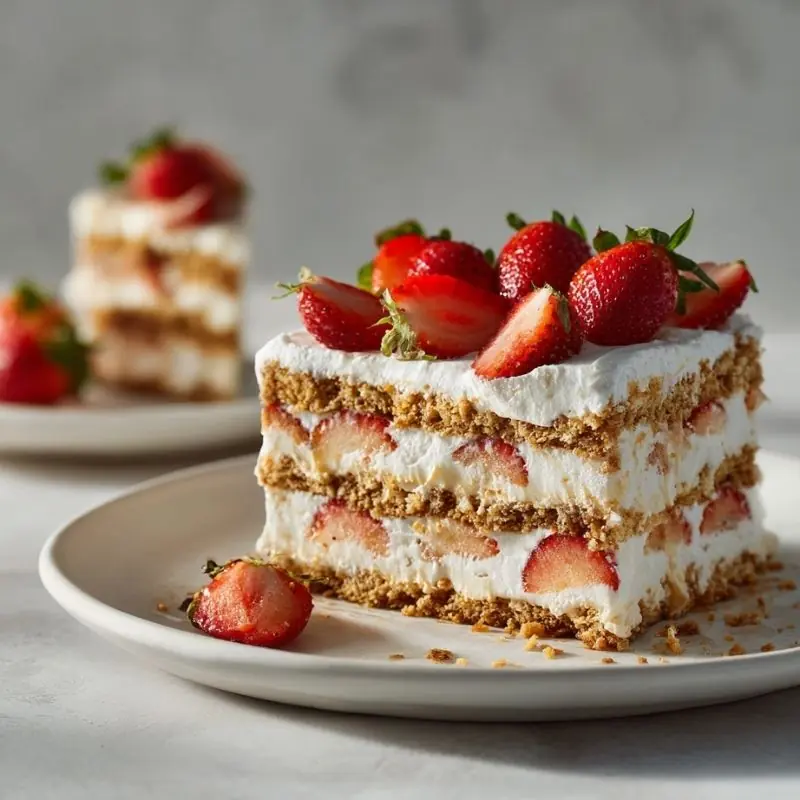 Strawberry Cream Layer Dessert – Light No-Bake Treat strawberry cream layered dessert with fresh strawberries and biscuit layers on plate