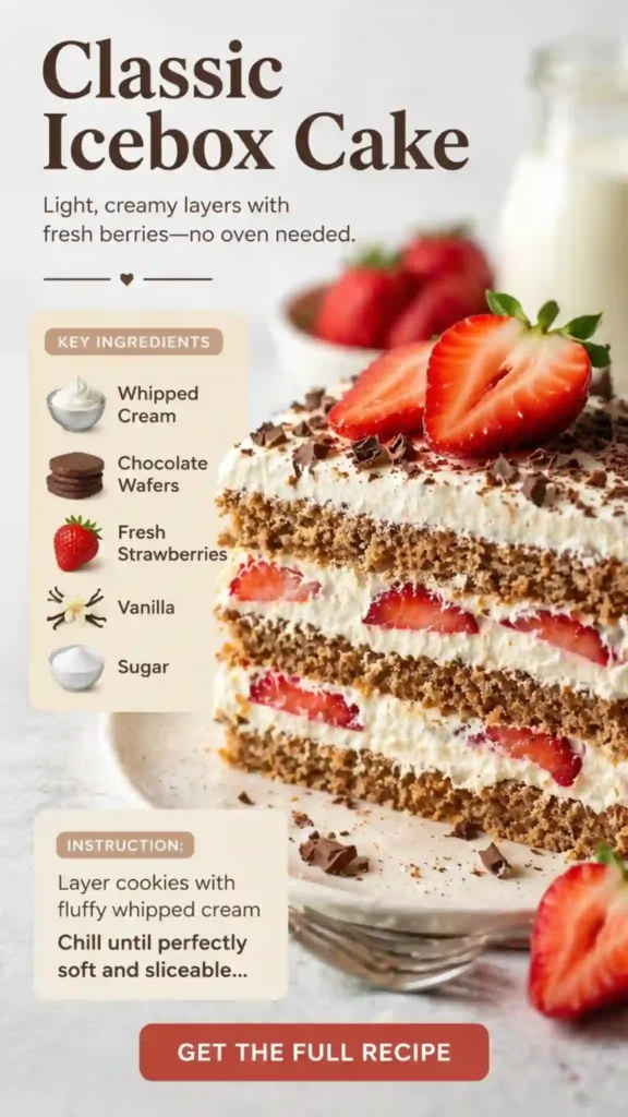 Strawberry Icebox Cake – Easy No-Bake Summer Dessert Recipe strawberry icebox cake slice with whipped cream layers and fresh strawberries on plate
