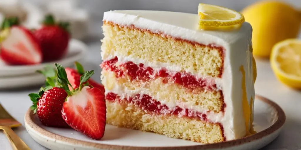 strawberry lemon layer cake slice with cream frosting and fresh strawberries
