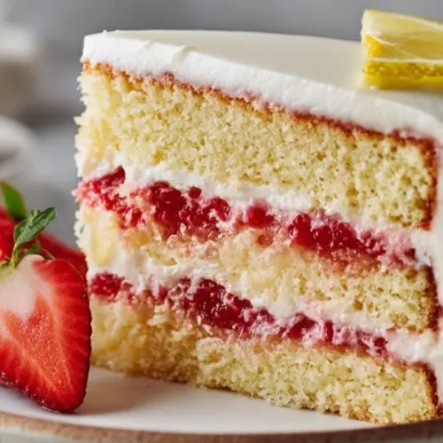 strawberry lemon layer cake slice with cream frosting and fresh strawberries