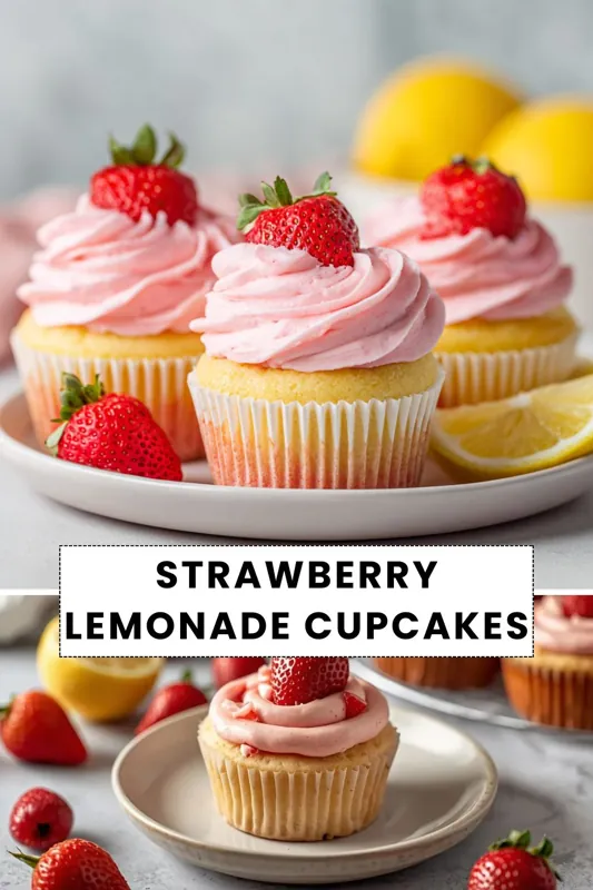 Strawberry Lemonade Cupcakes – Sweet & Citrus Dessert strawberry lemonade cupcakes with pink frosting topped with fresh strawberries and lemon slices