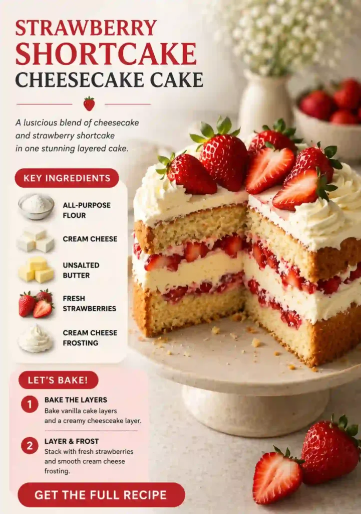 Strawberry Shortcake Cheesecake Cake – Layered Creamy Dessert strawberry shortcake cheesecake cake with layered cream cheese filling fresh strawberries and whipped frosting