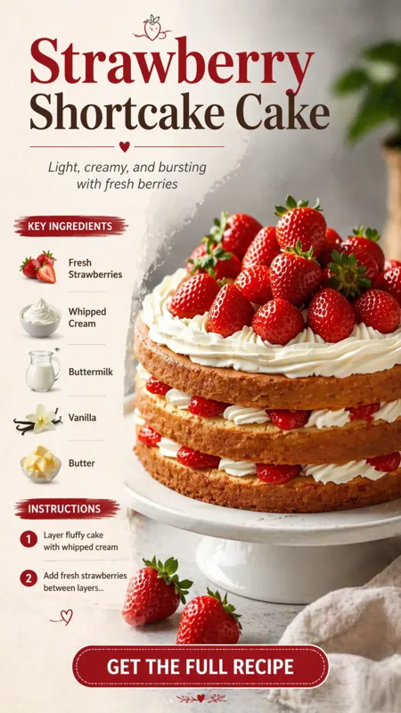 strawberry shortcake cake with layers of sponge whipped cream and fresh strawberries