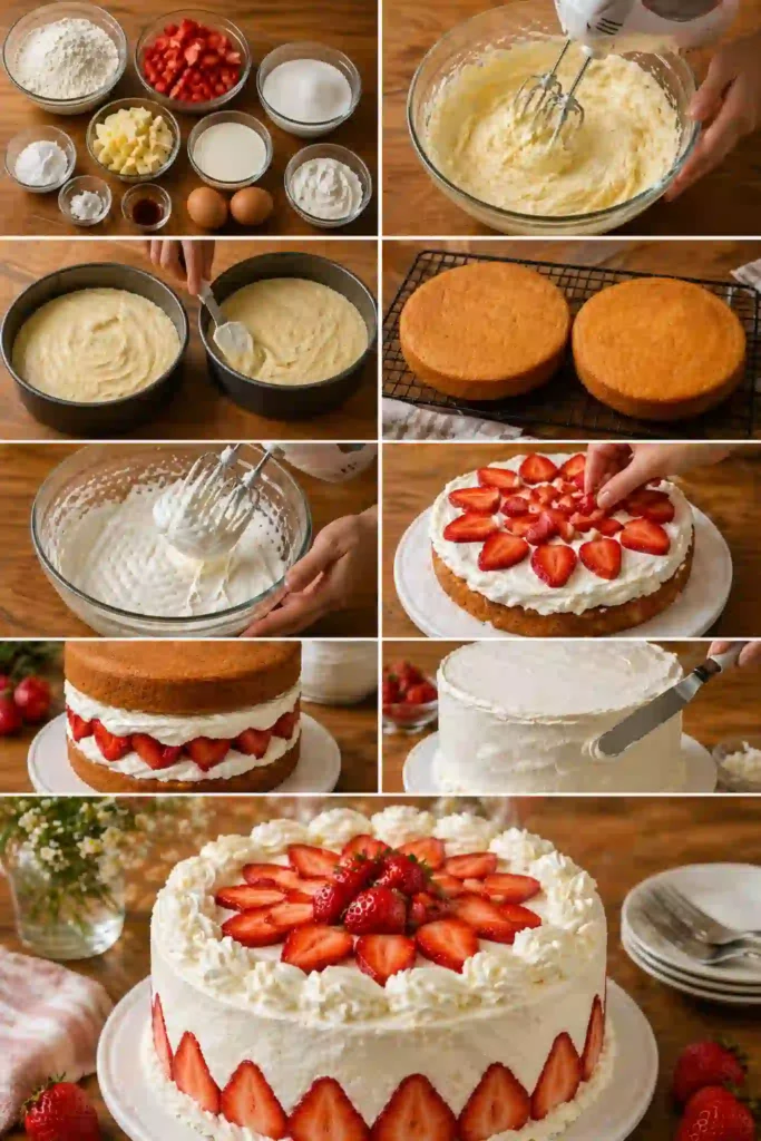 step by step strawberry shortcake process with whipped cream layers fresh strawberries and frosted cake