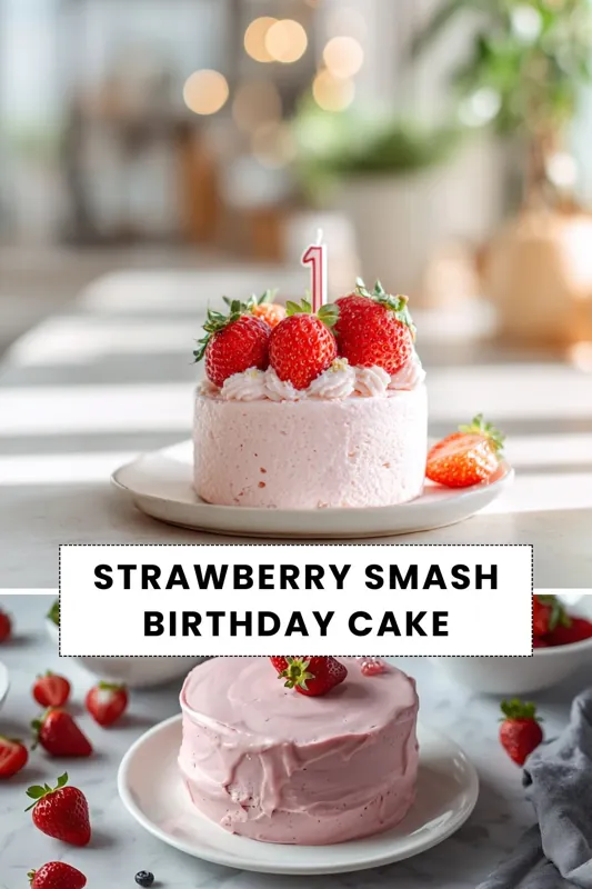 strawberry smash birthday cake with pink frosting and fresh strawberries on top