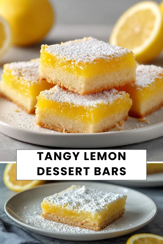 tangy lemon dessert bars with powdered sugar topping and buttery crust